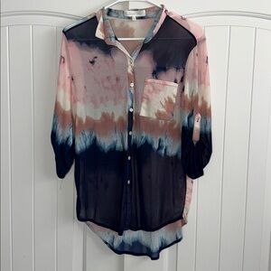 Pink and Blue Tie-Dye Button-Up Blouse